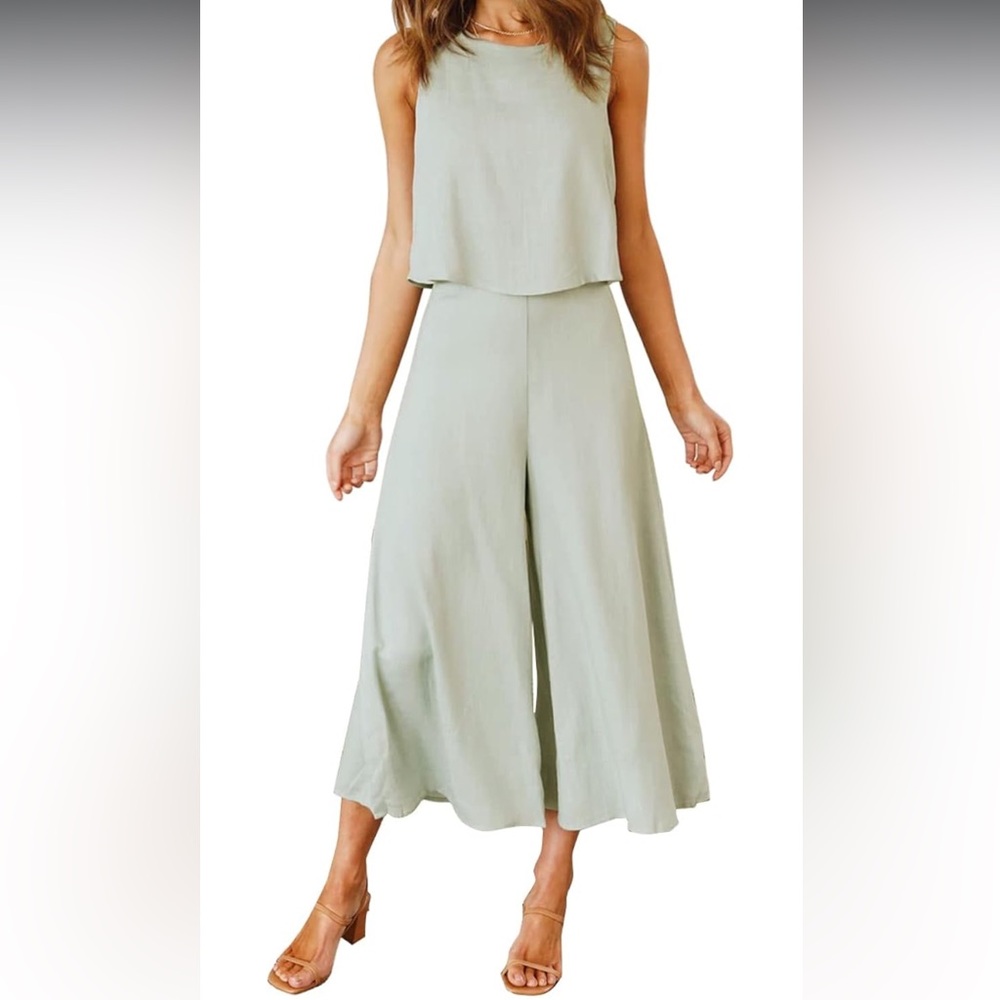 NWOT Amazon 2 Piece Set, Flowy Light Green Cropped Tank & Pants